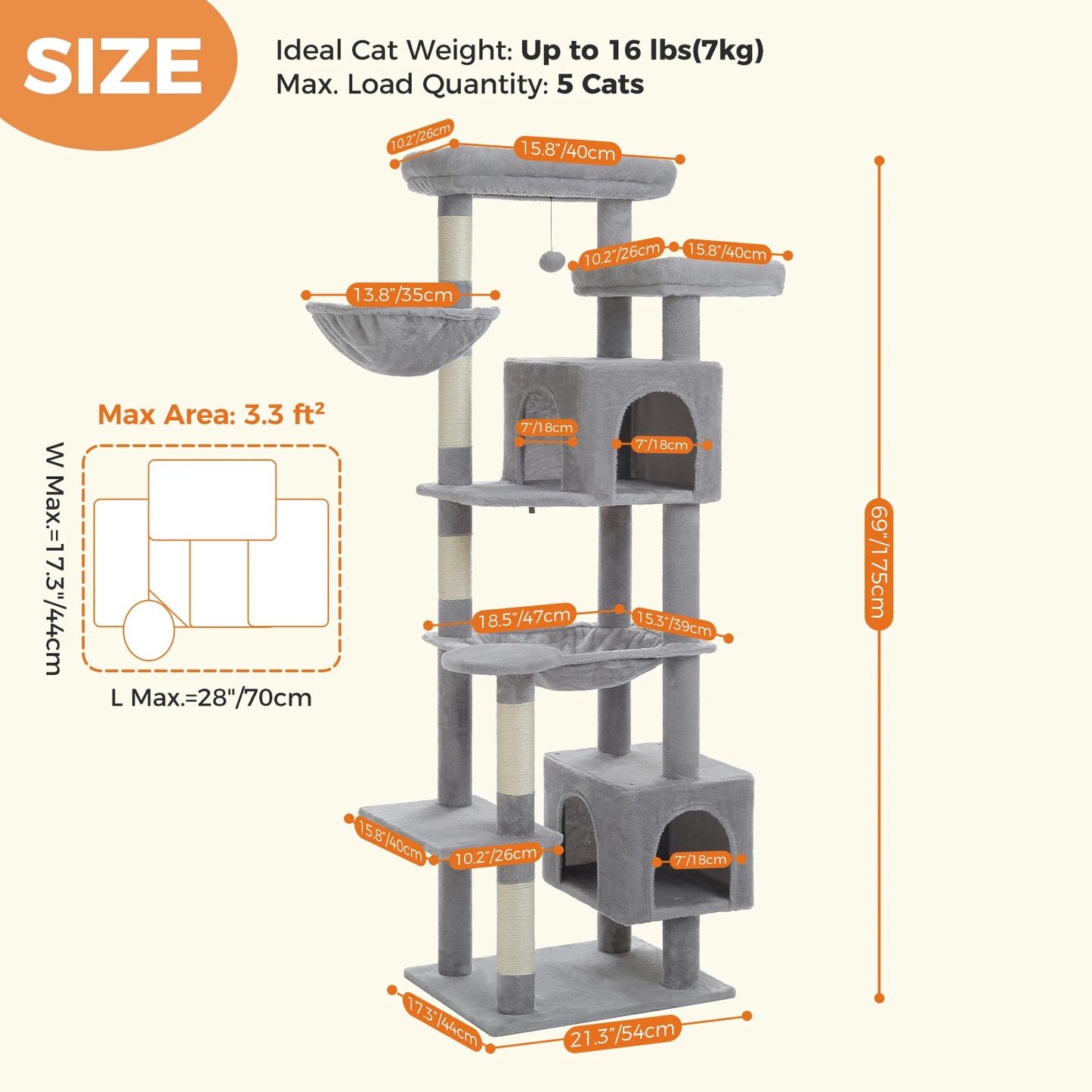 Sturdy Multi-Level Cat Tree Tower with Natural Sisal Scratching Posts, includes Large Top Perch and Fun Dangling Ball