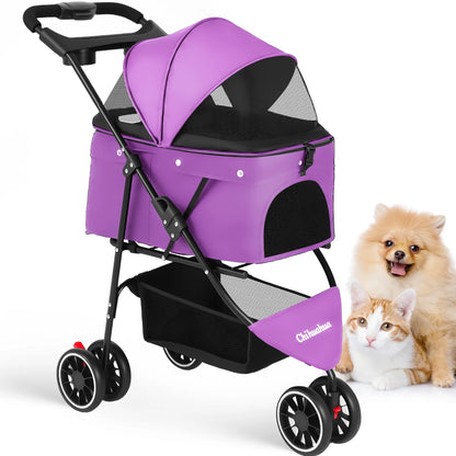 Pet Stroller For Small Medium Cats & Dogs, 3 Wheels Foldable with Breathable Mesh Canopy