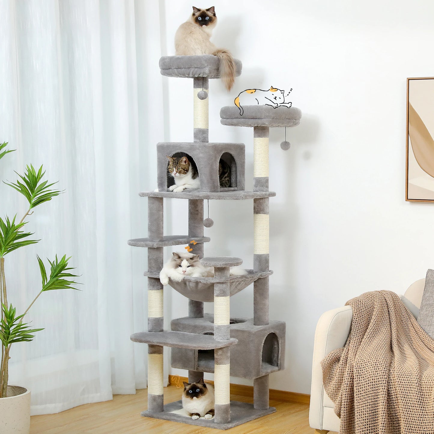 Sturdy Multi-Level Cat Tree Tower with Natural Sisal Scratching Posts, includes Large Top Perch and Fun Dangling Ball