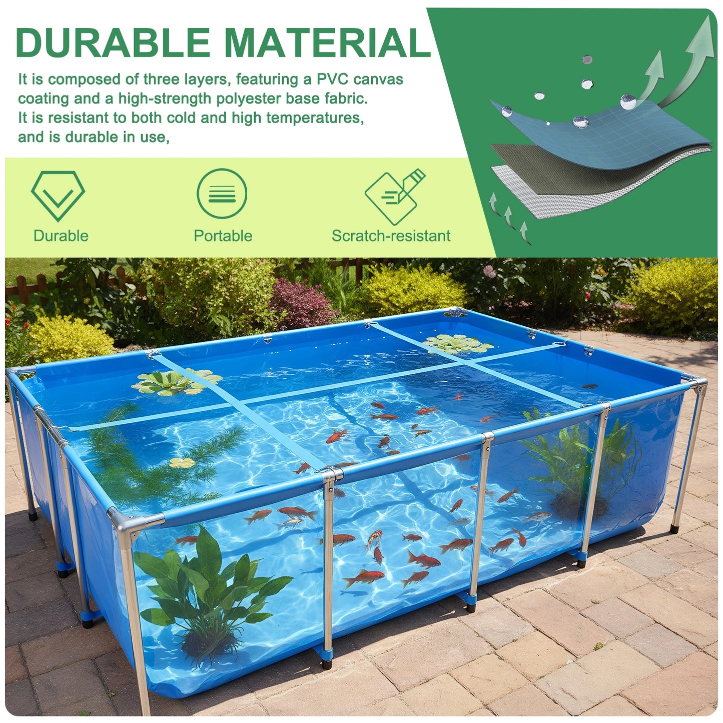 880Gallon PVC Canvas Fish Tank with Transparent Viewing Panel 400LBS Capacity with Drain Valve for Koi/Goldfish Breeding