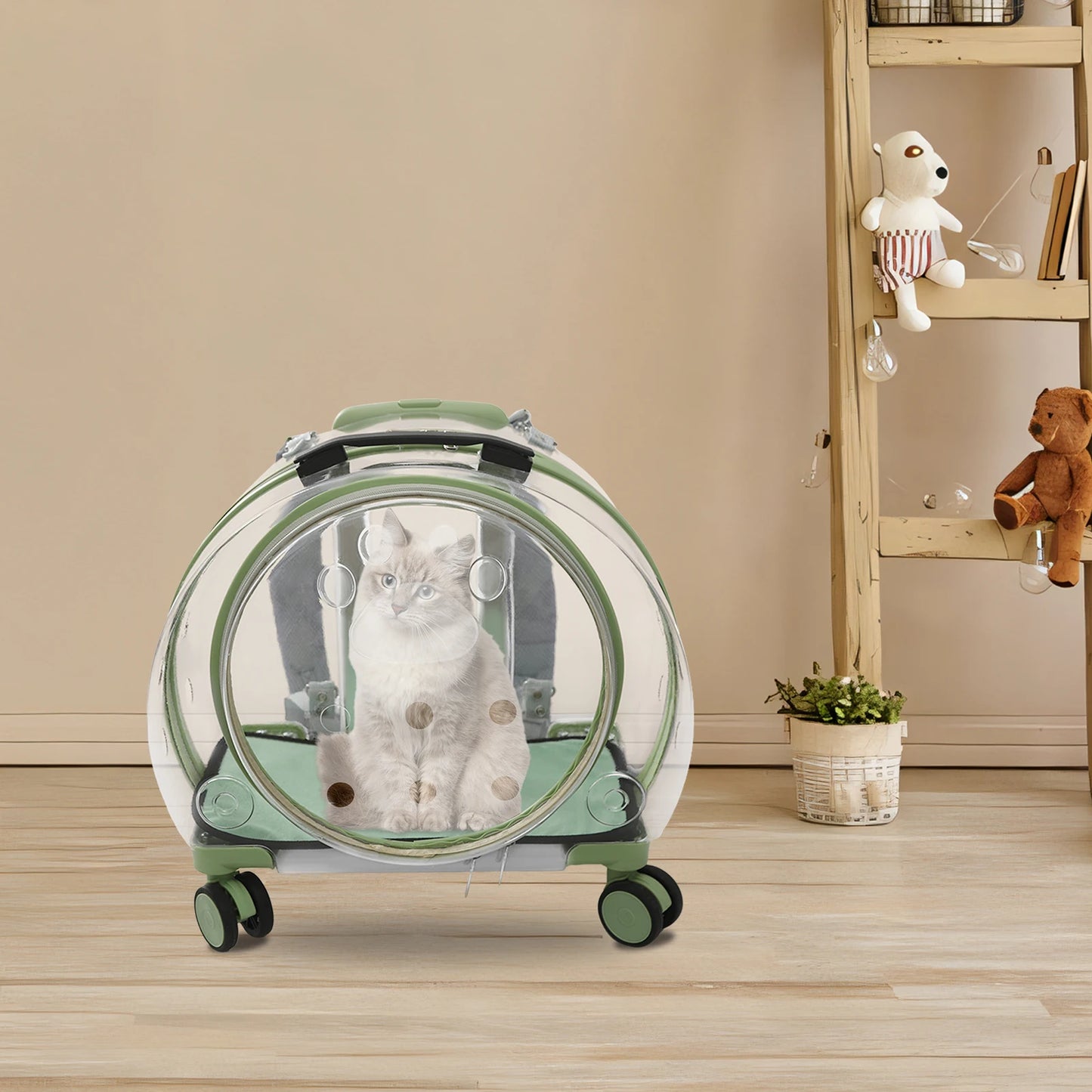 Pink/Green Breathable Cat Carrier with 4 Rolling Wheels 16 x 10.5 x 18 inches for Cats Weighing Within 20 lbs