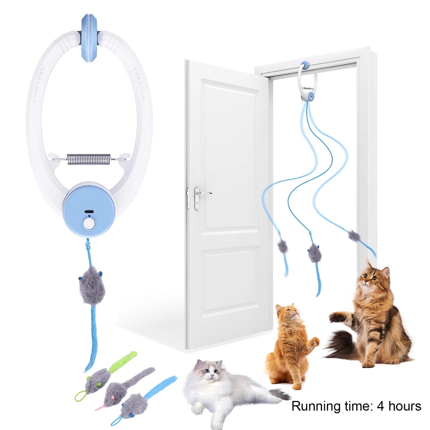 Door Hanging Automatic Retractable Kitten Toys with 3 Catnip Mice Self Play Hanging Door Cat Mouse Toys for Indoor Cats