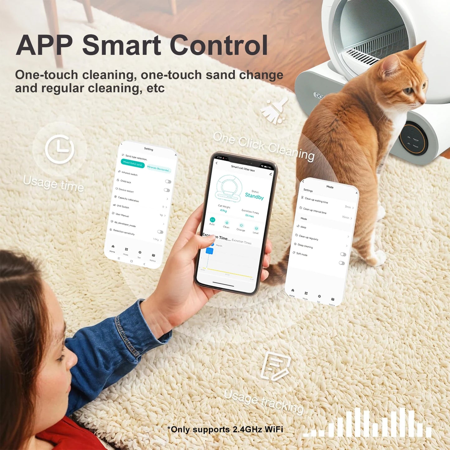 Self Cleaning Cat Litter Box, 65L Automatic Cat Litter Box w/ Trash Bag & Litter Mat; Smart Cat Toilet App Control 2.4G WiFi