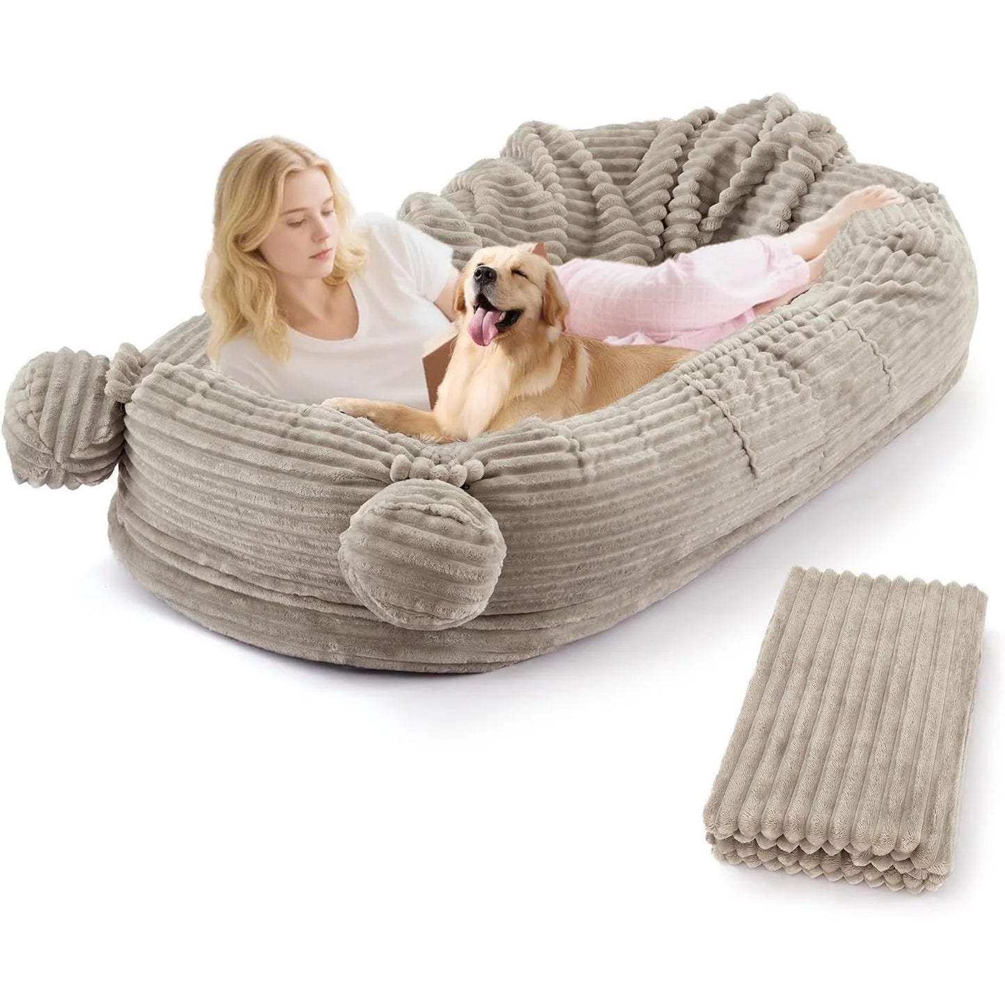 71" Large Human-Size Dog Bed For Adults & Pets, Removable Washable Cover, Storage Pockets, & Matching Blanket