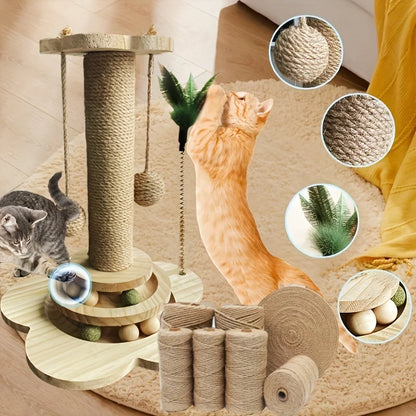 Indoor Cat Scratching Post for Home Pets, 2-Layer Ball Track Kitten Toy with Teasing Wand
