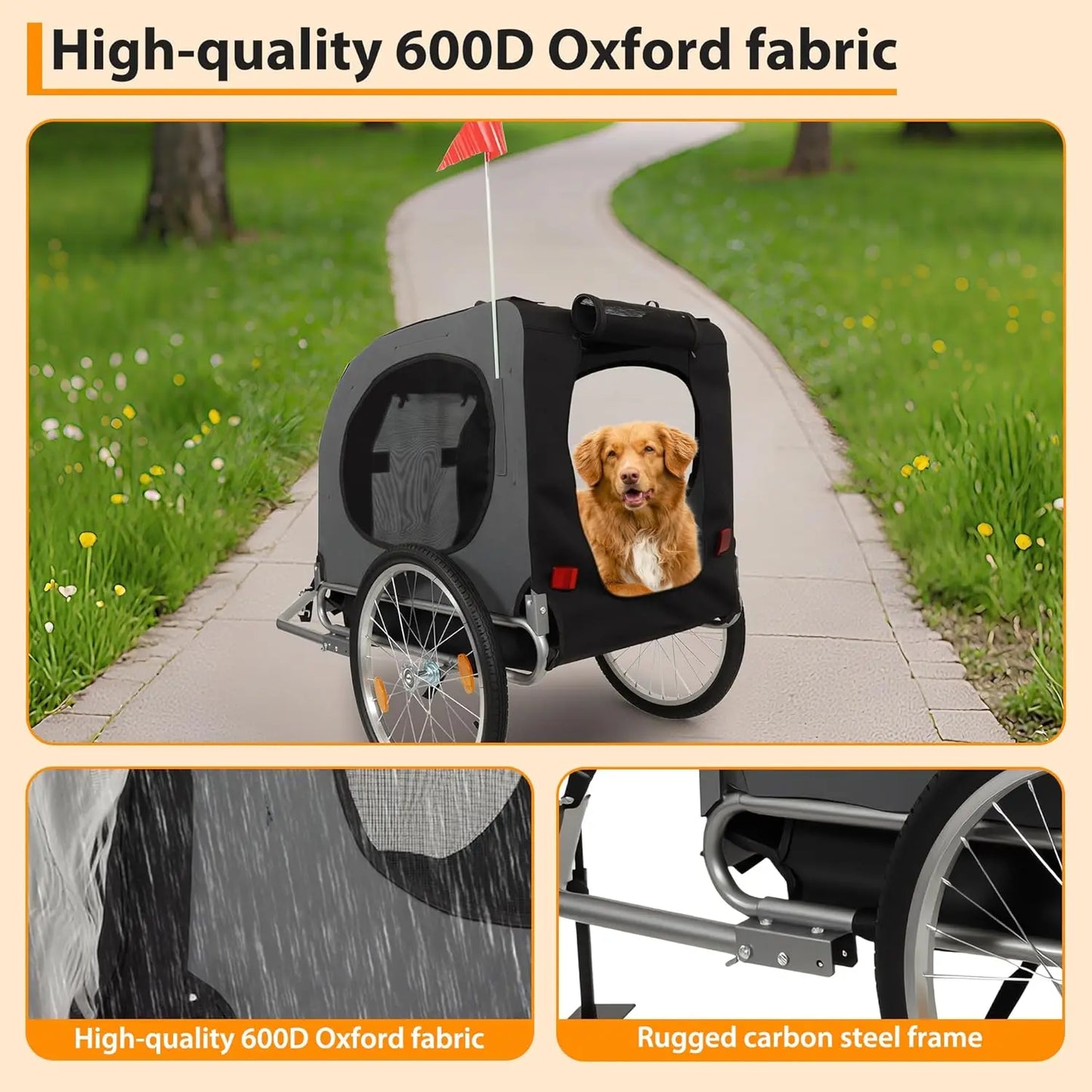 Steel Dog Bike Trailer with Universal Bicycle Coupler, Folding Pet Cart Bicycle Carrier, Max 40kg, Water Resistant Pet Bike Trailer