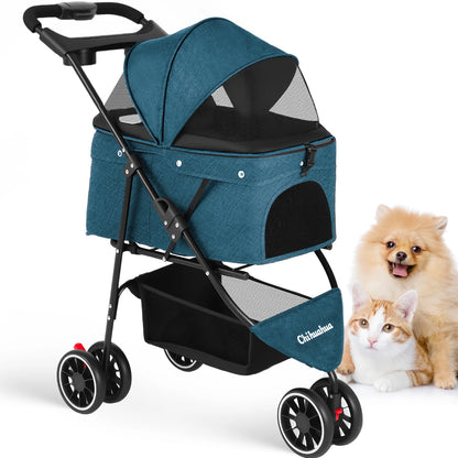 Pet Stroller For Small Medium Cats & Dogs, 3 Wheels Foldable with Breathable Mesh Canopy