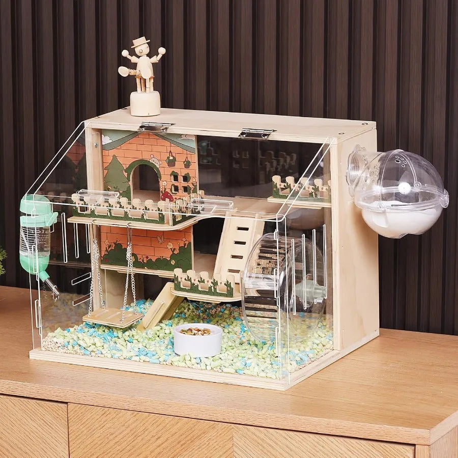 11 in 1 Wooden Hamster Cage with All Accessories 15.8 Inch 3Layer Dwarf Hamster Cage Acrylic Small Animal Cages Pastoral Style