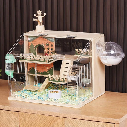 11 in 1 Wooden Hamster Cage with All Accessories 15.8 Inch 3Layer Dwarf Hamster Cage Acrylic Small Animal Cages Pastoral Style