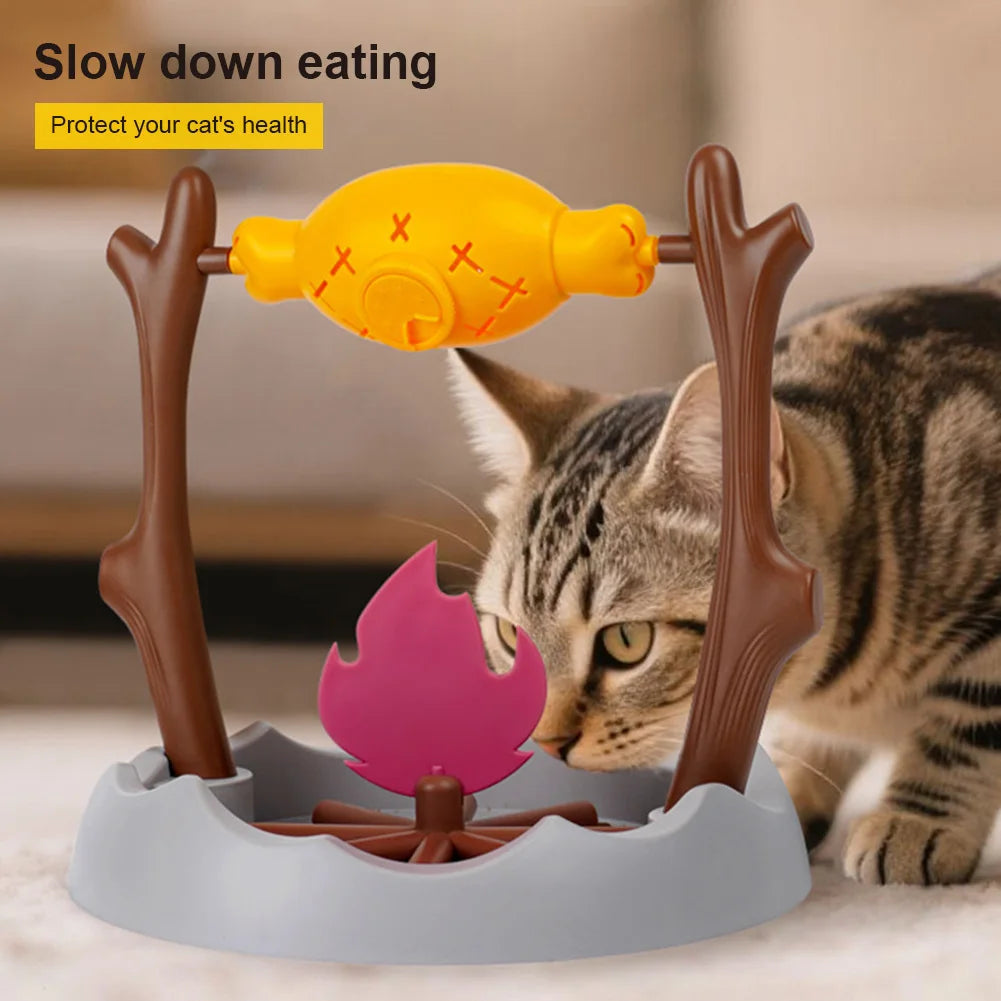 Cats Slow Feeding Snack Bowl 360° Rotating Grilled Fish Spinning Toy, Roasted Chicken Leg Pet Toy for Pet