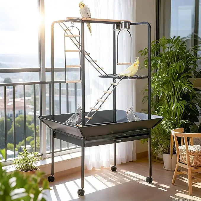 Pet Products Parrot Playstand with Wheels, Bird Cage Stand with Activity Play Center with Perches and Ladders