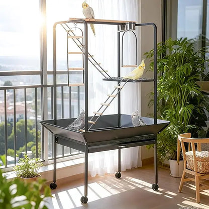 Pet Products Parrot Playstand with Wheels, Bird Cage Stand with Activity Play Center with Perches and Ladders
