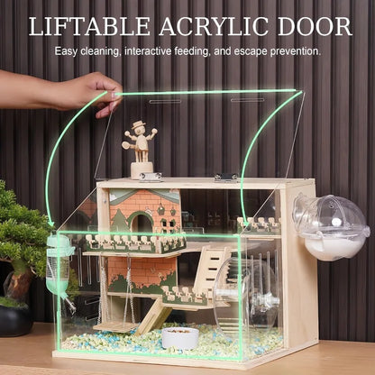 11 in 1 Wooden Hamster Cage with All Accessories 15.8 Inch 3Layer Dwarf Hamster Cage Acrylic Small Animal Cages Pastoral Style