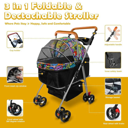 3-in-1 Foldable Pet Stroller with Storage, Cup Holder, Suitable for Medium Dogs and Cats