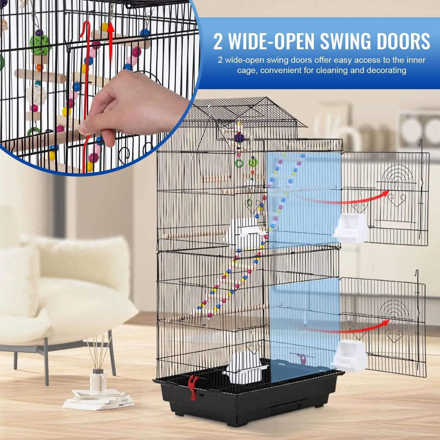 39-Inch Parrot Cage with Play Top, Rolling Stand & Easy-Clean Tray for Small Birds