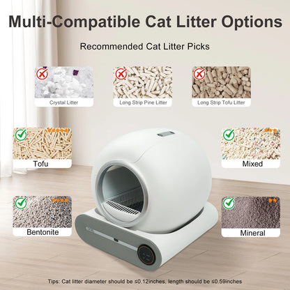 Self Cleaning Cat Litter Box, 65L Automatic Cat Litter Box w/ Trash Bag & Litter Mat; Smart Cat Toilet App Control 2.4G WiFi