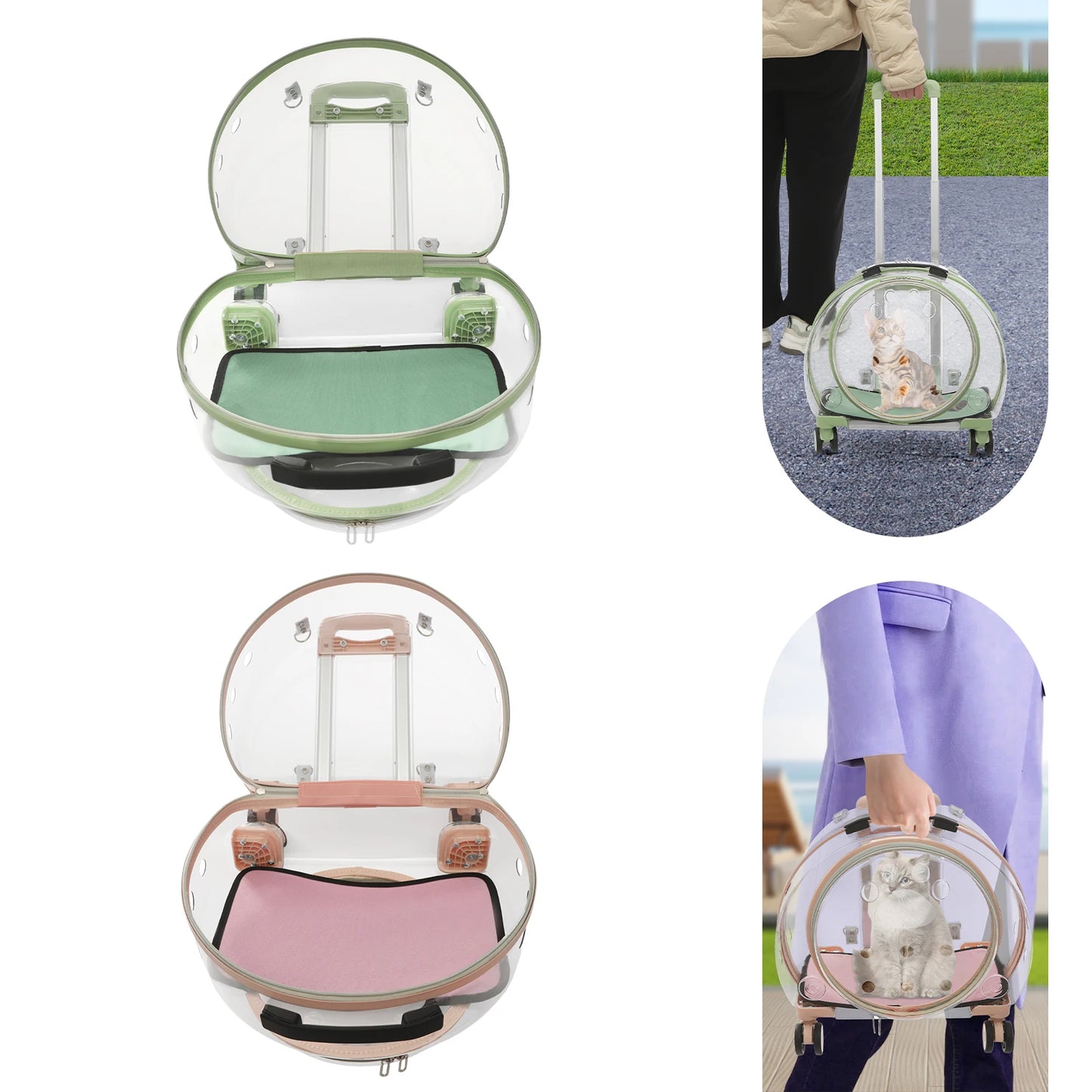 Pink/Green Breathable Cat Carrier with 4 Rolling Wheels 16 x 10.5 x 18 inches for Cats Weighing Within 20 lbs