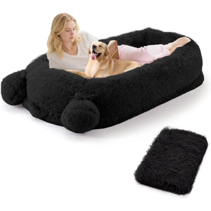71" Large Human-Size Dog Bed For Adults & Pets, Removable Washable Cover, Storage Pockets, & Matching Blanket