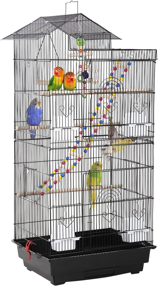 39-Inch Parrot Cage with Play Top, Rolling Stand & Easy-Clean Tray for Small Birds