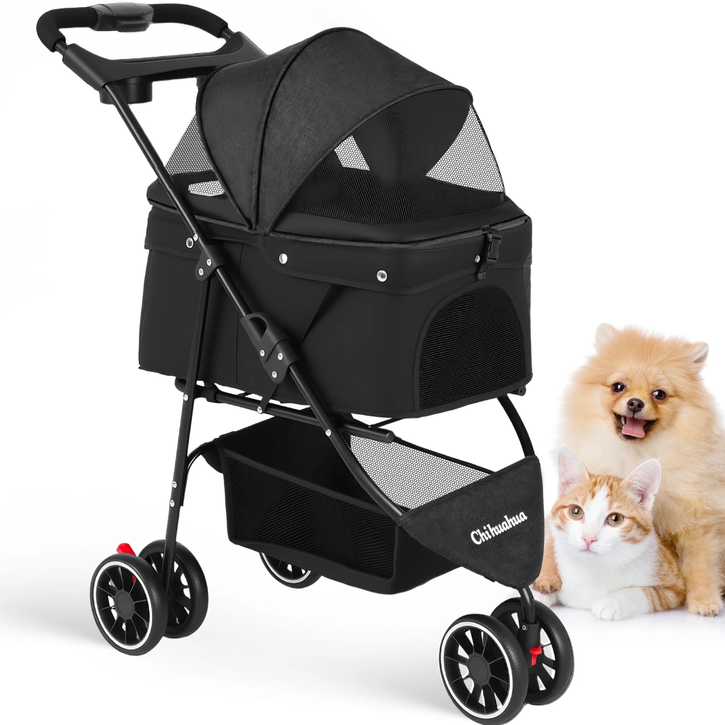 Pet Stroller For Small Medium Cats & Dogs, 3 Wheels Foldable with Breathable Mesh Canopy
