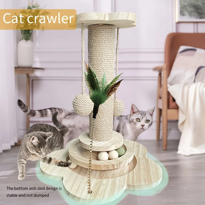 Indoor Cat Scratching Post for Home Pets, 2-Layer Ball Track Kitten Toy with Teasing Wand