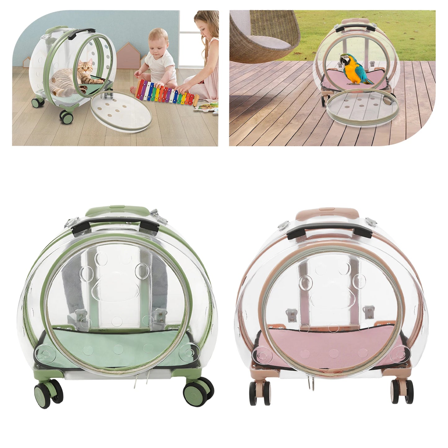 Pink/Green Breathable Cat Carrier with 4 Rolling Wheels 16 x 10.5 x 18 inches for Cats Weighing Within 20 lbs
