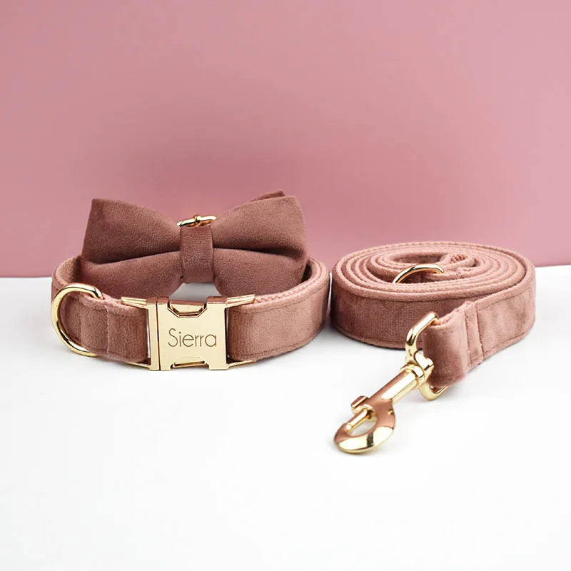 Velvet Collar Free Engrave Dog Collar  & Leash - different types