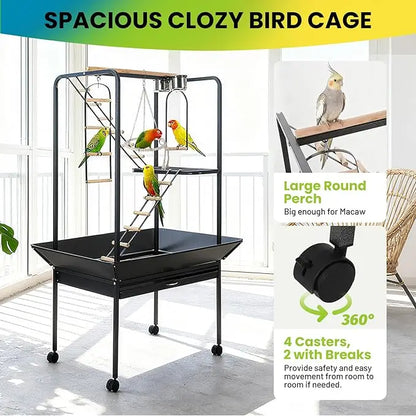 Pet Products Parrot Playstand with Wheels, Bird Cage Stand with Activity Play Center with Perches and Ladders