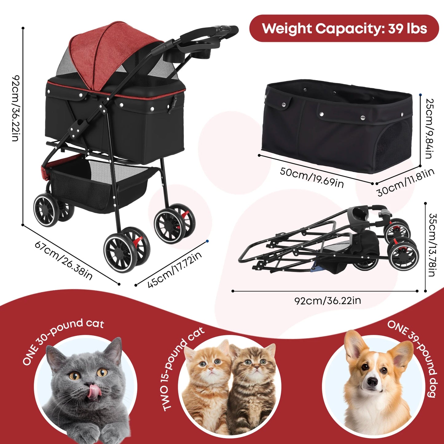 Pet Stroller For Small Medium Cats & Dogs, 3 Wheels Foldable with Breathable Mesh Canopy