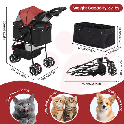 Pet Stroller For Small Medium Cats & Dogs, 3 Wheels Foldable with Breathable Mesh Canopy