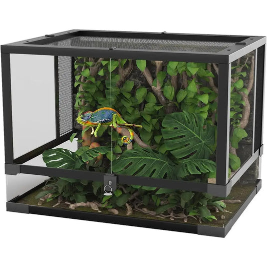 24x18x18 Inch Tempered Glass Reptile Enclosure - Escape-Proof, Ideal for Desert or Rainforest Habitats, Easy Setup with Ventilat