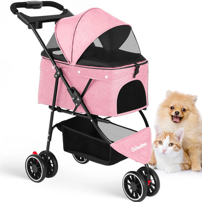 Pet Stroller For Small Medium Cats & Dogs, 3 Wheels Foldable with Breathable Mesh Canopy
