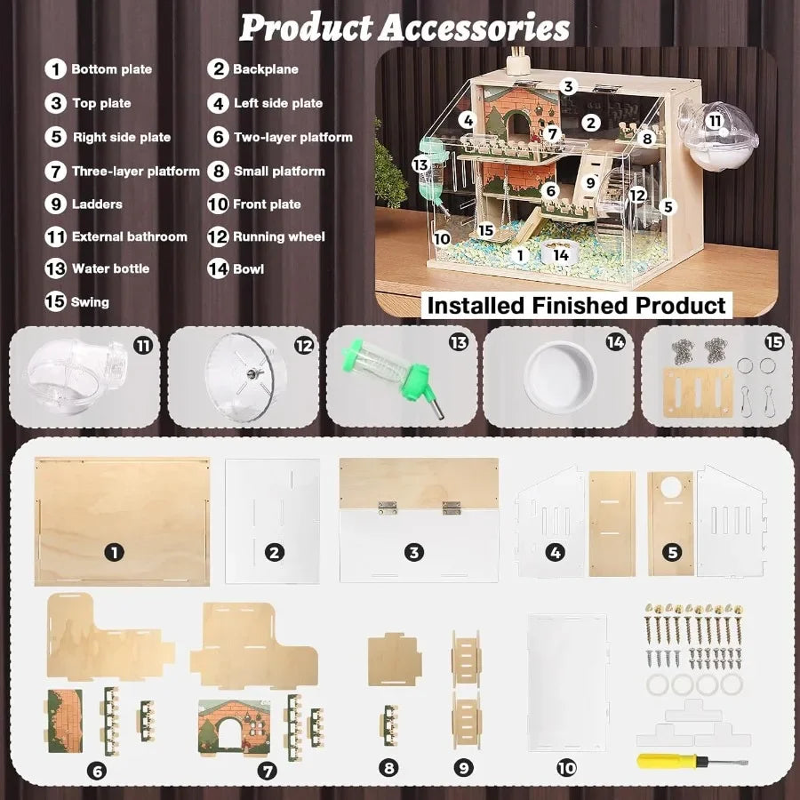 11 in 1 Wooden Hamster Cage with All Accessories 15.8 Inch 3Layer Dwarf Hamster Cage Acrylic Small Animal Cages Pastoral Style