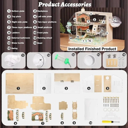 11 in 1 Wooden Hamster Cage with All Accessories 15.8 Inch 3Layer Dwarf Hamster Cage Acrylic Small Animal Cages Pastoral Style