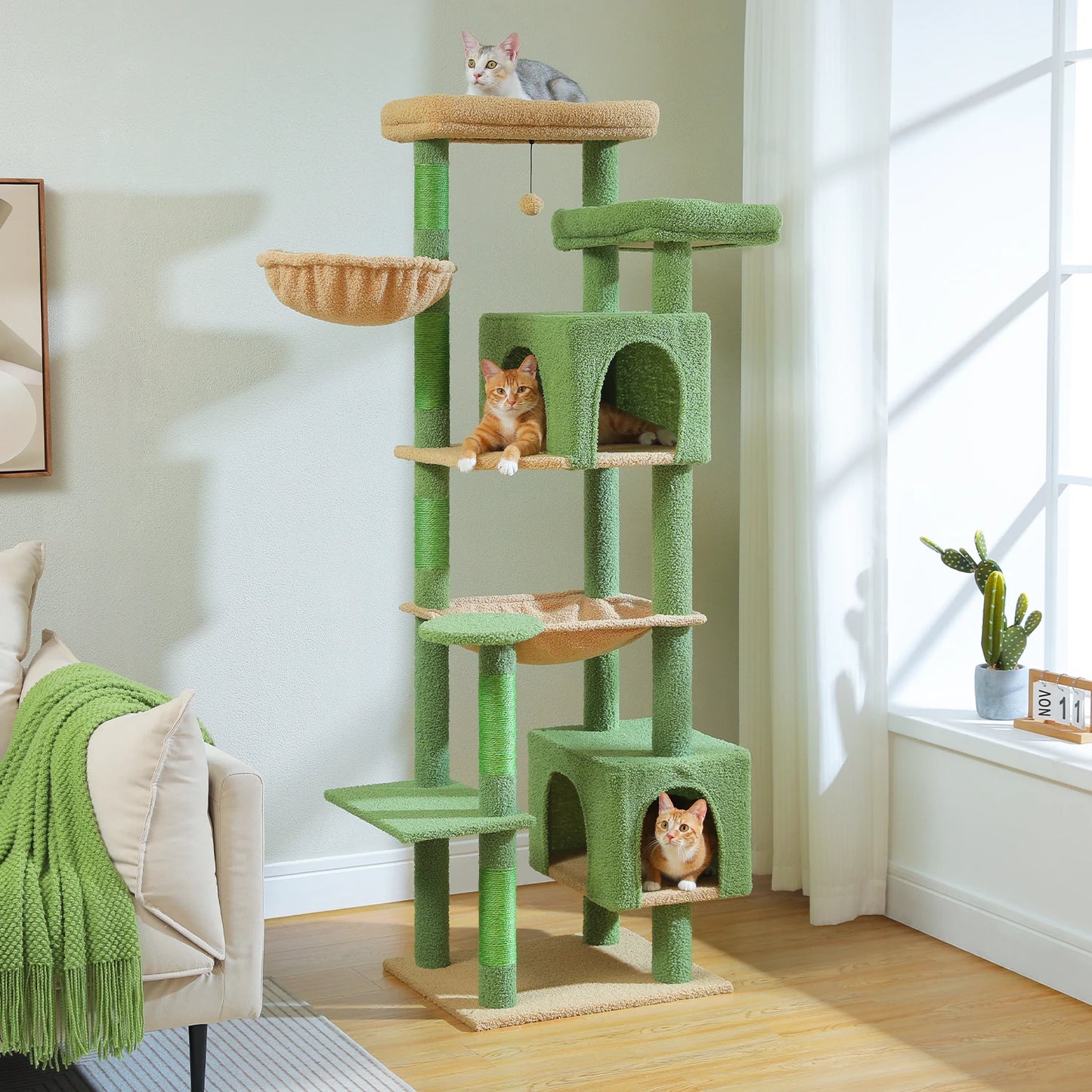 Sturdy Multi-Level Cat Tree Tower with Natural Sisal Scratching Posts, includes Large Top Perch and Fun Dangling Ball