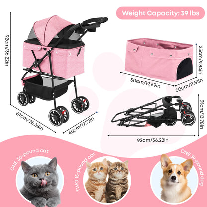 Pet Stroller For Small Dogs & Cats; Travel Portable Stroller, Foldable