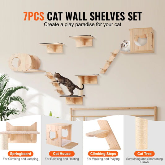 SucceBuy Wall Mounted Cat Shelves, Wall Shelves and Perches with Jumping Boards and Hammocks