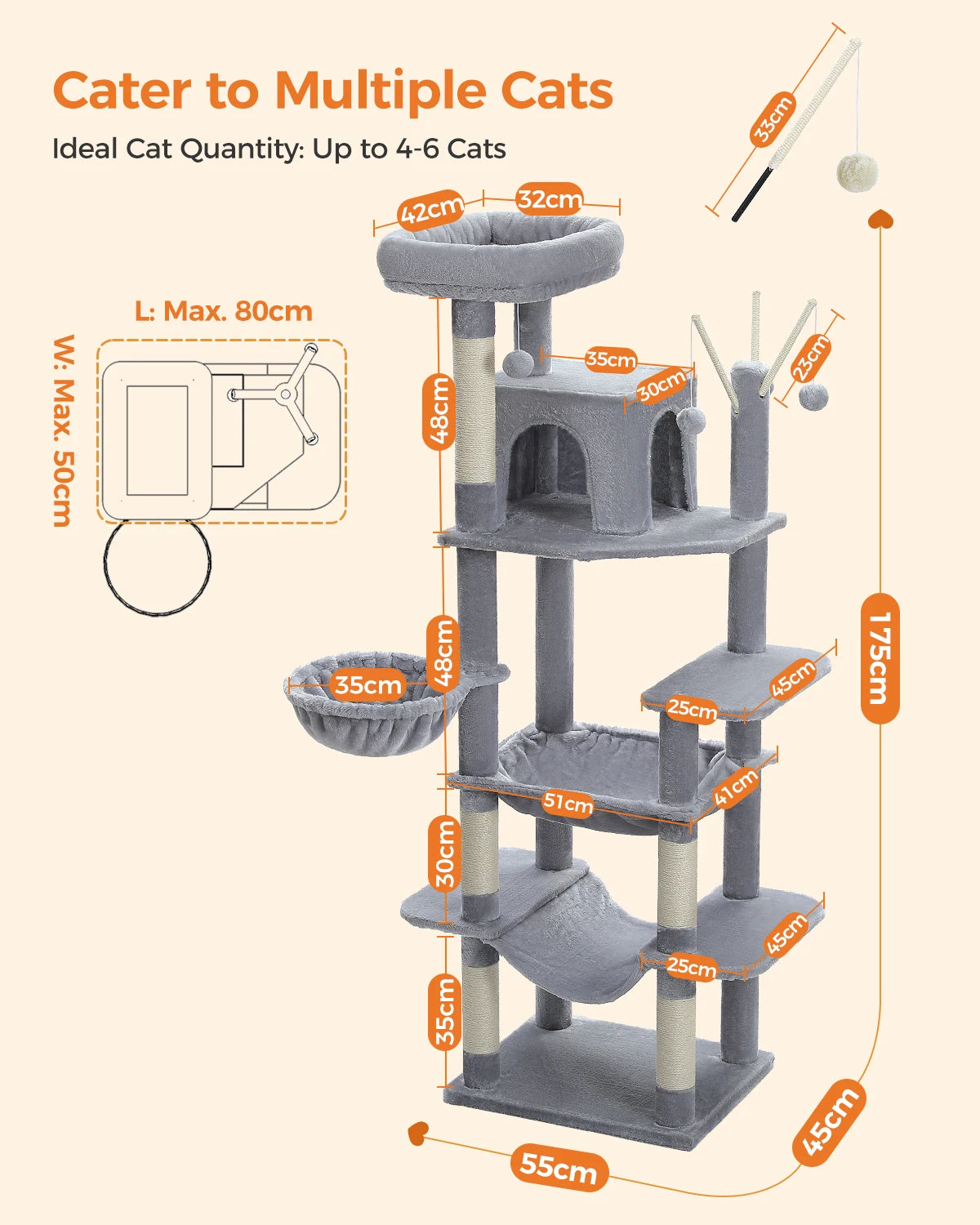 Sturdy Multi-Level Cat Tree Tower with Natural Sisal Scratching Posts, includes Large Top Perch and Fun Dangling Ball