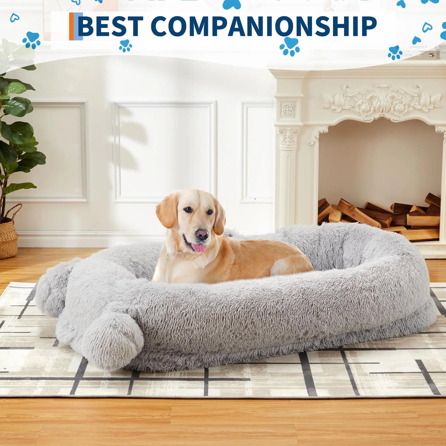 71" Large Human-Size Dog Bed For Adults & Pets, Removable Washable Cover, Storage Pockets, & Matching Blanket